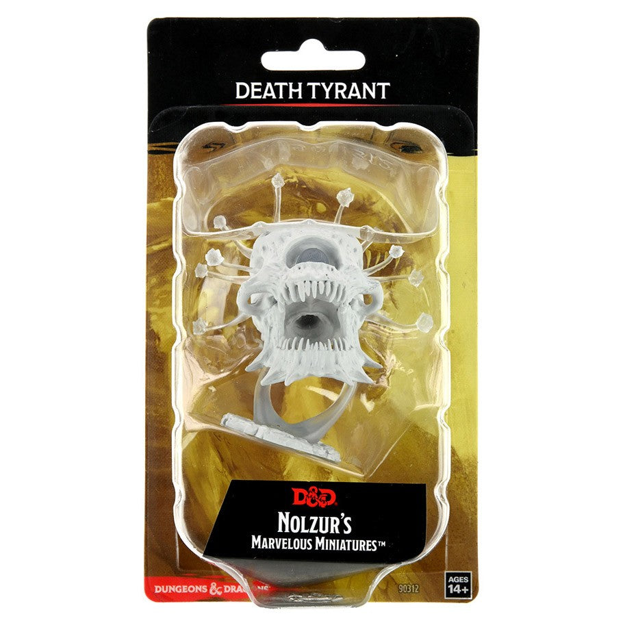 D&D: Nolzur's Marvelous Minis: Death Tyrant W15 - Unpainted gray miniature of Death Tyrant with multiple eye stalks and a gaping mouth on plastic blister pack.
