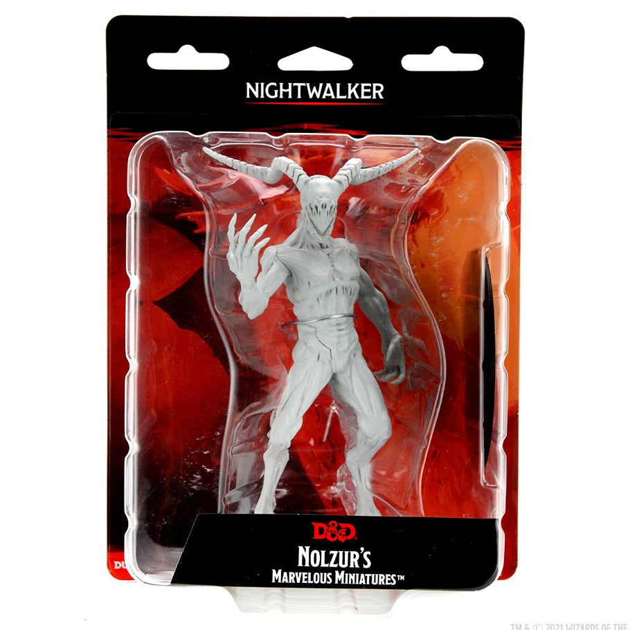 Dungeons & Dragons: Nolzur's Marvelous Minis: Nightwalker W15 - Unpainted Grey Nightwalker miniature with horns and clawed hands in clear blister pack.