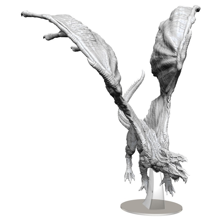 Adult White Dragon W15 - White dragon miniature with large outstretched wings and detailed scales on round base.