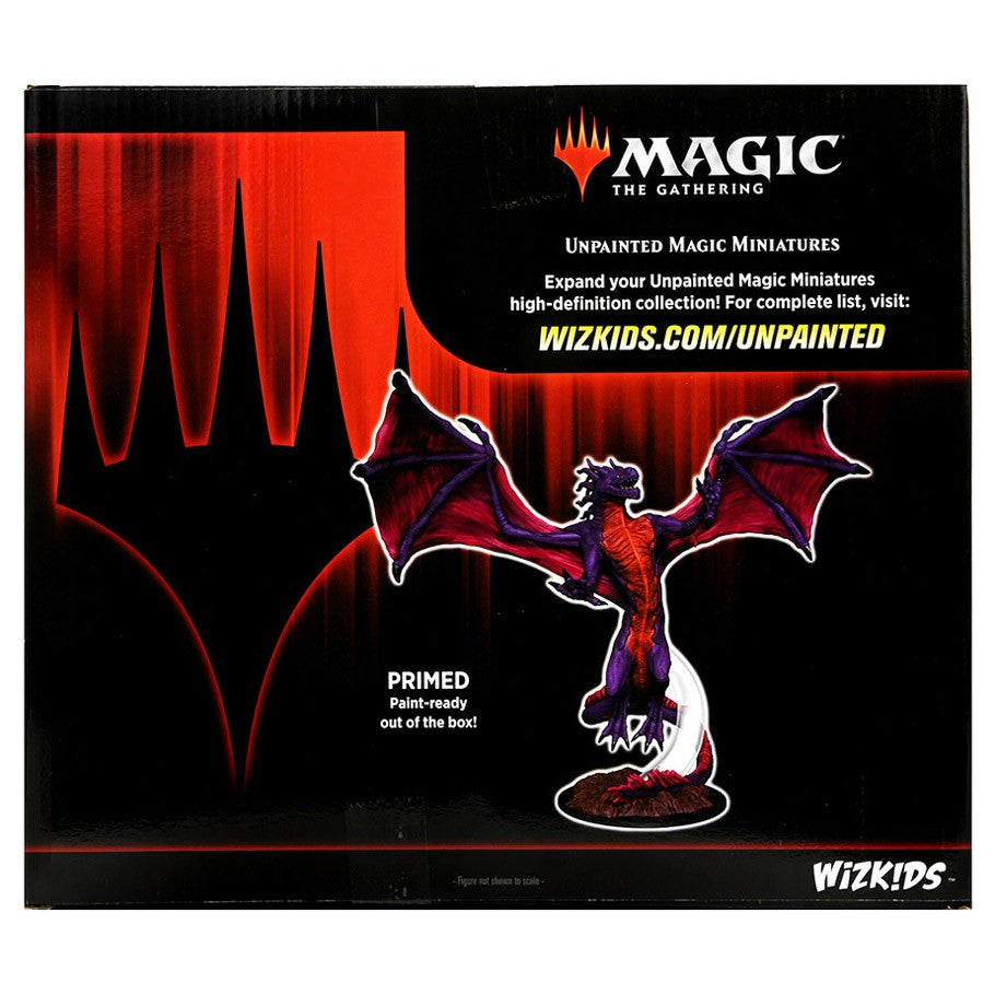 Magic The Gathering: Galazeth Prismari - Unpainted Galazeth Prismari miniature with wings spread, purple and red hues, on black and red Magic The Gathering branded.
