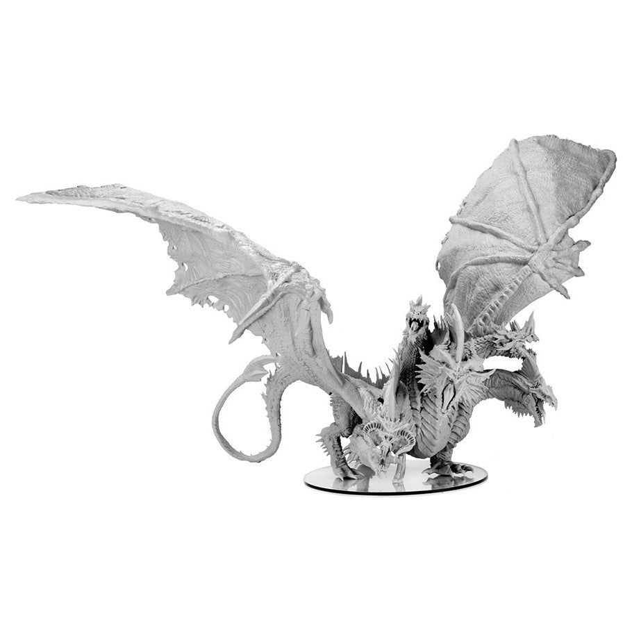 Dungeons & Dragons: Nolzur's Marvelous Minis: Gargantuan Tiamat - Unpainted gargantuan five-headed dragon miniature with detailed wings and scales on round base.