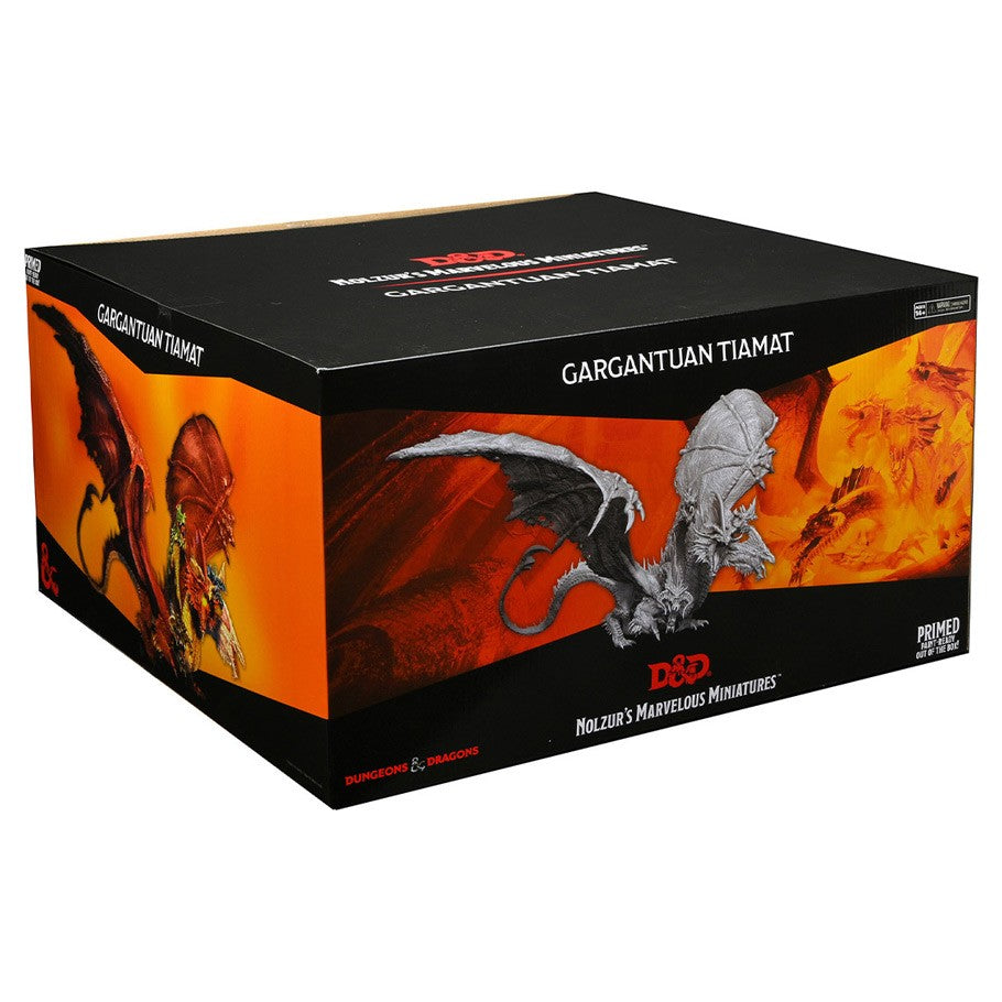 Dungeons & Dragons: Nolzur's Marvelous Minis: Gargantuan Tiamat - Black and orange box featuring Dungeons & Dragons Gargantuan Tiamat miniature artwork and branding.