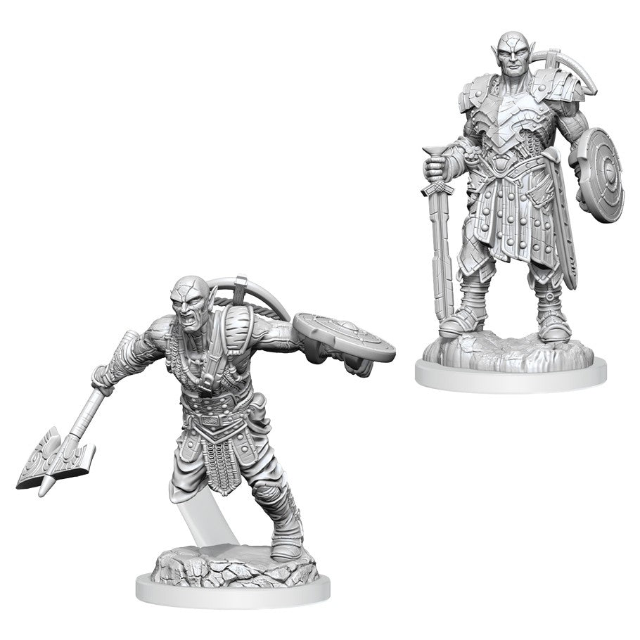 D&D: Nolzur's Marvelous Minis: Earth Genasi Fighter - One Earth Genasi fighter lunging with an axe and shield, the other standing tall with sword and shield in detailed armor.