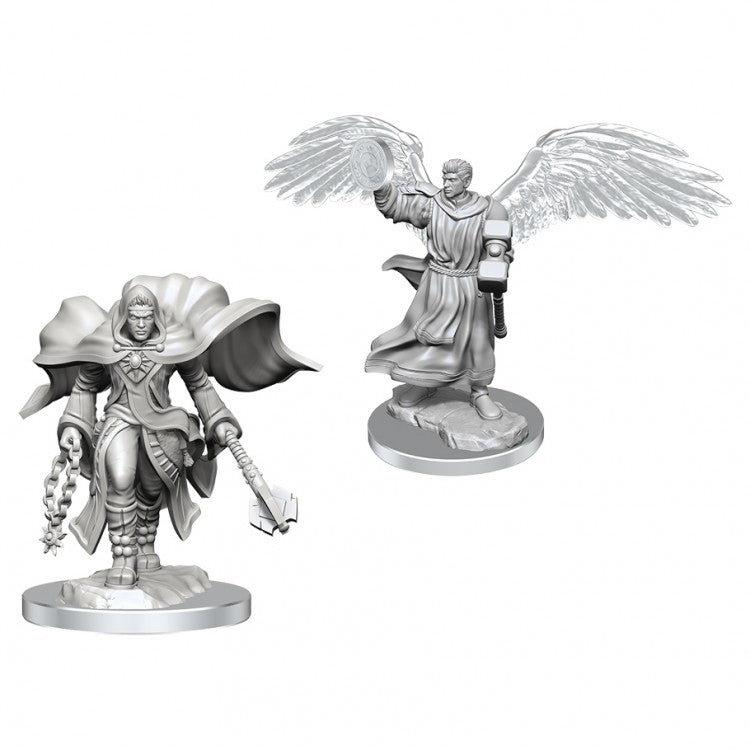 Dungeons & Dragons: Nolzur's Marvelous Minis: Aasimar Cleric Male - Unpainted Dungeons & Dragons miniature of a male Aasimar cleric with large wings and a raised lantern alongside a robed.