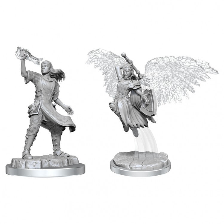 D&D: Nolzur's Marvelous Minis: Aasimar Cleric Female - Two unpainted fantasy miniatures, one a female cleric holding a mace and book, the other an angelic figure with large wings.