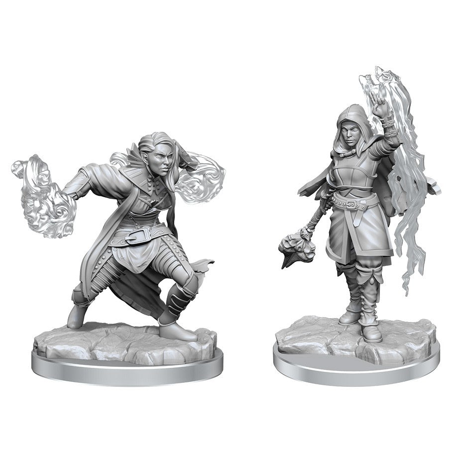 Dungeons & Dragons: Nolzur's Marvelous Minis: Half-Elf Warlock - Two unpainted grey miniatures of half-elf warlocks, one casting flames with dynamic pose, the other holding a staff with.