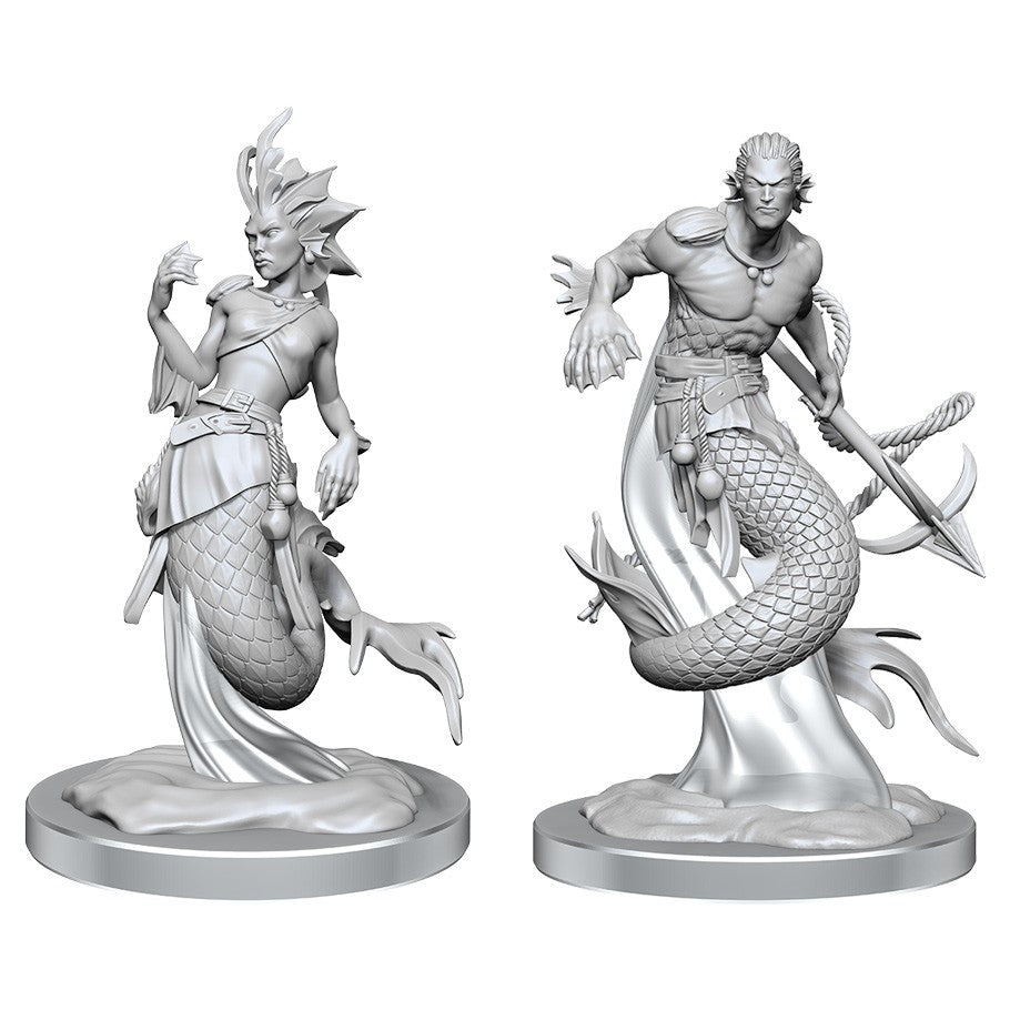 D&D: Nolzur's Marvelous Minis: Merfolk - Two detailed gray miniature figures of merfolk, one with flowing hair and a hand raised, the other muscular holding a.