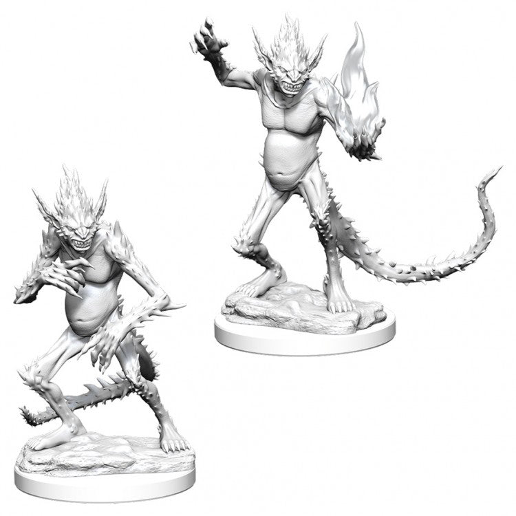 D&D: Nolzur's Marvelous Minis: Barbed Devils - Two gray plastic miniatures of barbed devils with spiked tails, menacing poses, and fiery heads on round bases.