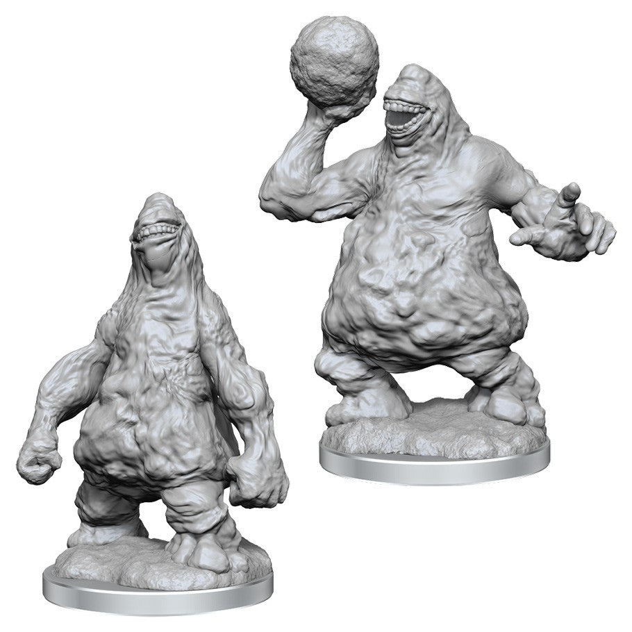 Dungeons & Dragons: Nolzur's Marvelous Minis: Snow Golems W16 - Two unpainted snow golem miniatures with textured snowy bodies, one holding a large snowball, both on round bases.
