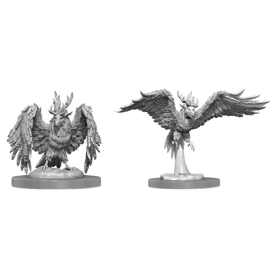 D&D: Nolzur's Marvelous Minis: Perytons - Two unpainted gray plastic miniatures of Perytons with detailed feathered wings and stag-like heads on round bases.