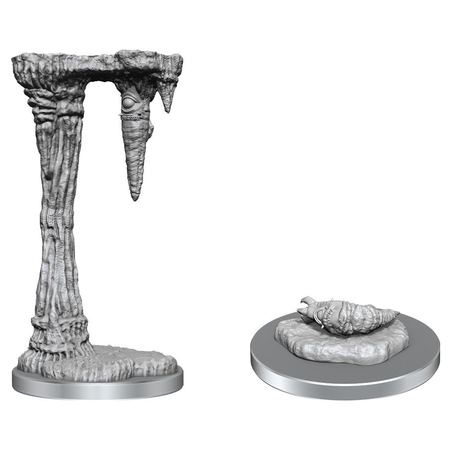 D&D: Nolzur's Marvelous Minis: Piercers - Unpainted gray resin D&D miniatures of two Piercers on round bases, rocky stalactite and ground details.