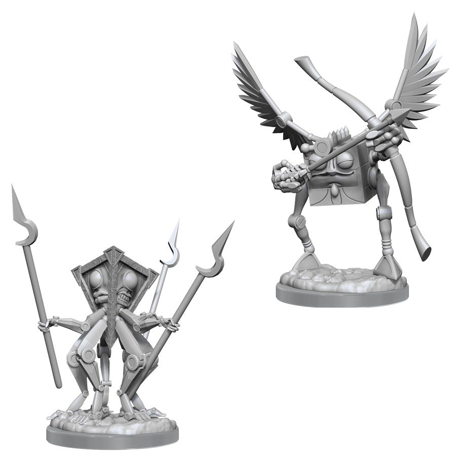 D&D: Nolzur's Marvelous Minis: Modrons W18 - Two unpainted Dungeons & Dragons Modron miniatures, one with three arms holding spears, the other with wings and a.