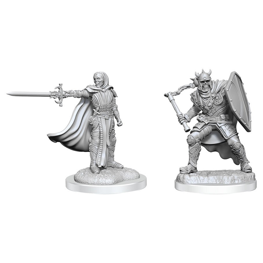 Dungeons & Dragons: Nolzur's Marvelous Minis: Death Knights - Two unpainted gray plastic miniatures of Death Knights, one wielding a sword with a flowing cape, the other holding a shield .