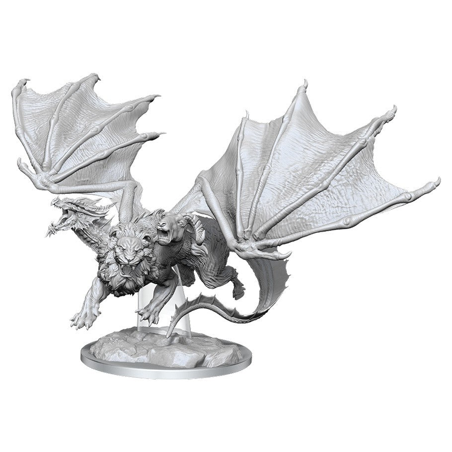 Dungeons & Dragons: Nolzur's Marvelous Minis: Chimera W16 - Unpainted gray plastic miniature of a three-headed chimera with large textured wings and a muscular body on a round base.