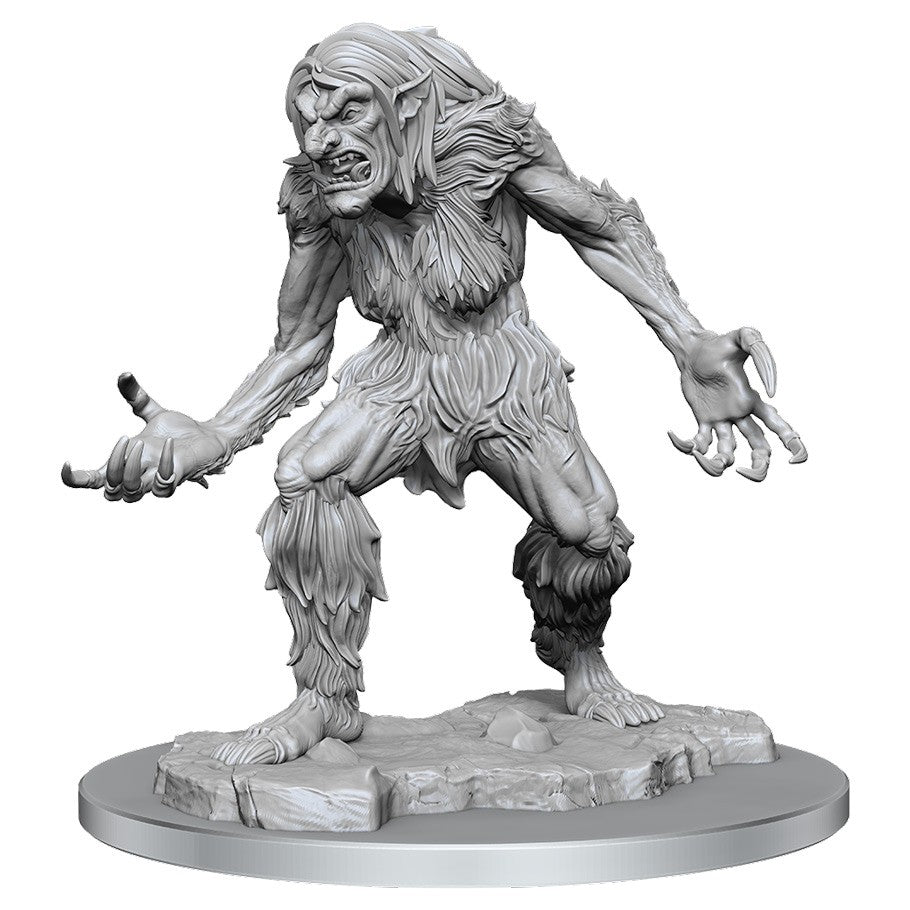 D&D: Nolzur's Marvelous Minis: Ice Troll Female W16 - Unpainted grey plastic miniature of a fierce female ice troll with long hair and clawed hands standing on a rocky base.