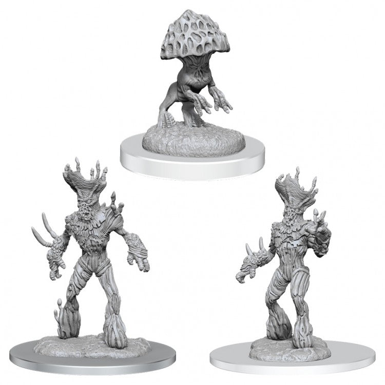 D&D: Nolzur's Marvelous Mini: Myconid Sovereign & Sprouts W16 - Unpainted gray plastic D&D miniatures featuring a large Myconid Sovereign with mushroom cap head and two smaller Myconid.