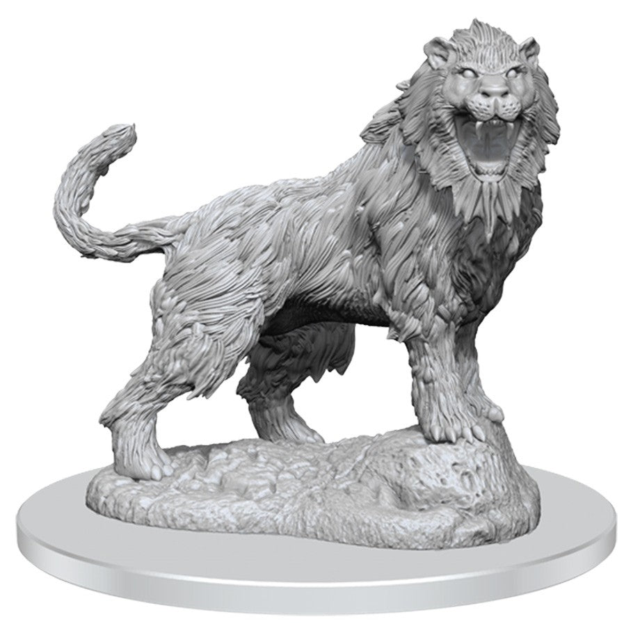D&D: Nolzur's Marvelous Minis: Crag Cat W16 - Unpainted gray resin miniature of a roaring, large feline with a thick mane standing on rocky terrain base.