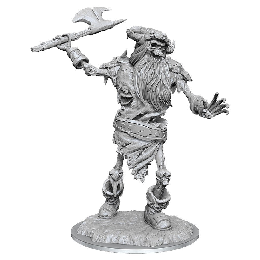 D&D: Nolzur's Marvelous Minis: Frost Giant Skeleton W16 - Unpainted Frost Giant Skeleton miniature wielding a large battle axe, detailed skeletal armor and beard on round base.