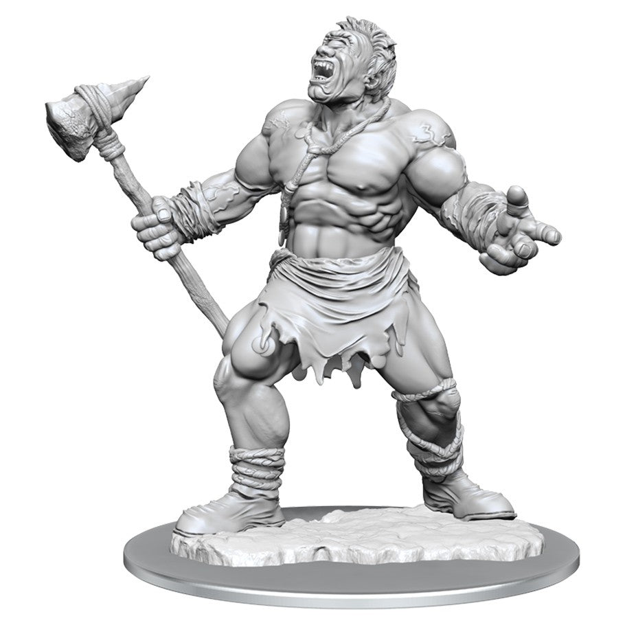 D&D: Nolzur's Marvelous Minis: Cyclops - Unpainted muscular cyclops miniature wielding large axe with tattered loincloth on round base.