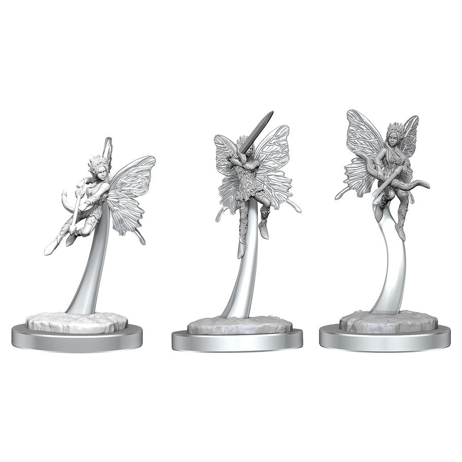 D&D: Nolzur's Marvelous Minis: Pixies - Unpainted grey plastic pixie miniatures with detailed wings and dynamic poses on round bases.