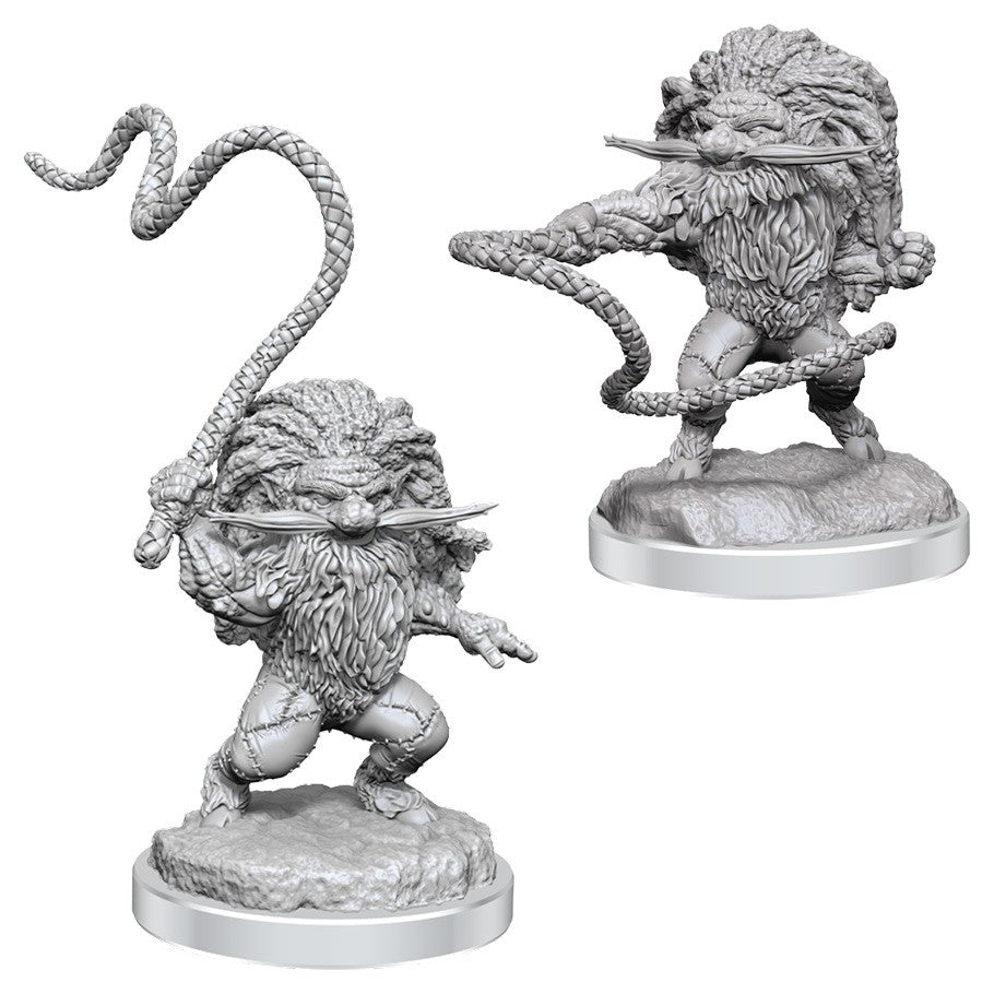 D&D: Nolzur's Marvelous Minis: Korreds - Unpainted gray miniature of a bearded Korred creature wielding a whip and another aiming a bow, both on round bases.