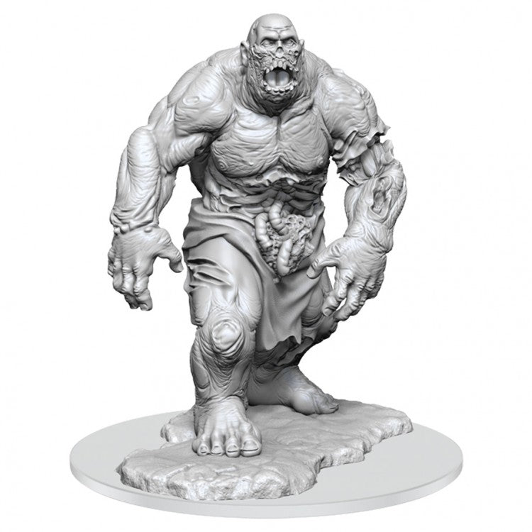 Pathfinder Battles Deep Cuts: Zombie Hulk - Gray unpainted zombie creature miniature with muscular build, torn pants, and exposed ribs on round base.