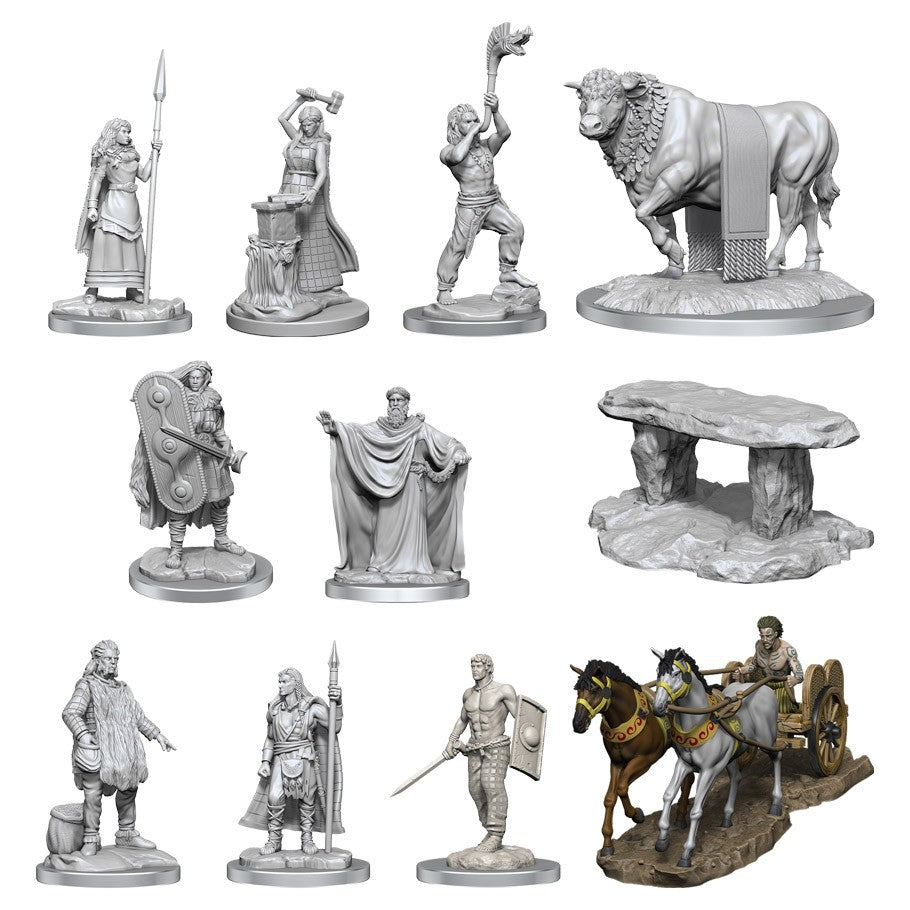 Deep Cuts: Brigante Celts - Eleven unpainted fantasy miniatures including warriors, a chariot with horses, a bull, and a stone altar.