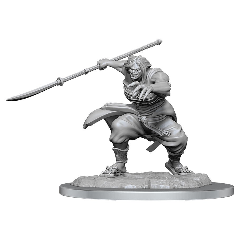 D&D: Nolzur's Marvelous Minis: Oni Female - Gray unpainted female oni miniature wielding a long polearm in dynamic battle pose.