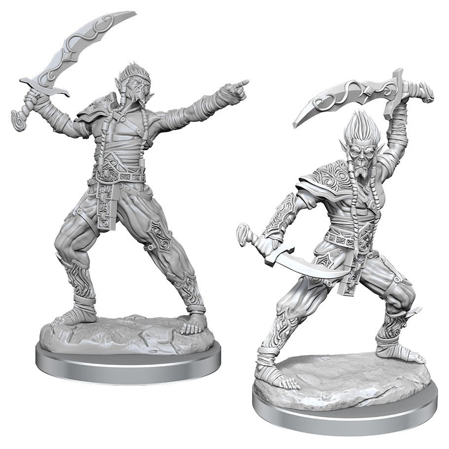D&D: Nolzur's Marvelous Minis: Githyanki - Unpainted Githyanki miniature with armor, wielding curved swords, dynamic battle poses, detailed base.
