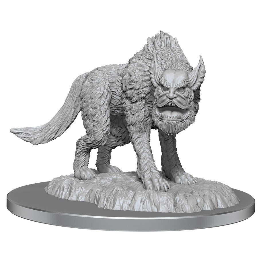 Dungeons & Dragons: Nolzur's Marvelous Minis: Yeth Hound - Gray sculpted Yeth Hound miniature with fur texture and horn on circular base.