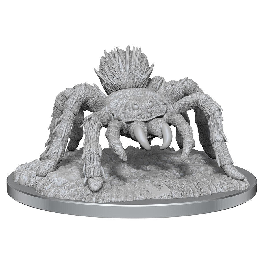Deep Cuts: Giant Spider - Gray detailed resin miniature of a giant spider with eight legs and textured body on rocky base.