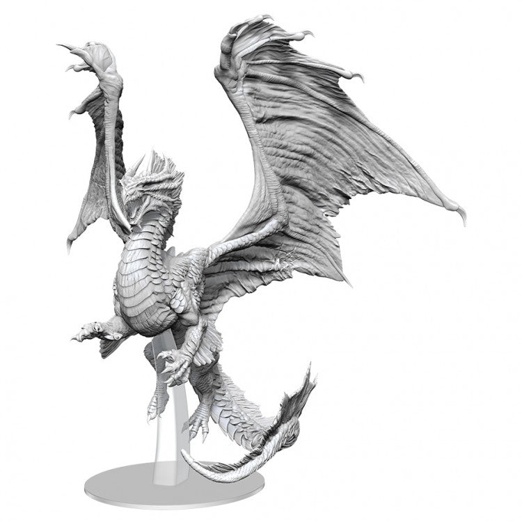 D&D: Nolzur's Marvelous Minis: Adult Bronze Dragon - Unpainted detailed adult dragon miniature with large wings and textured scales on display stand.