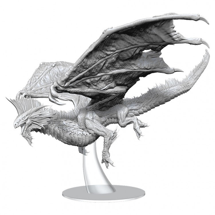D&D: Nolzur's Marvelous Minis: Adult Silver Dragon - Gray unpainted plastic miniature of an adult silver dragon with spread wings on a clear stand.