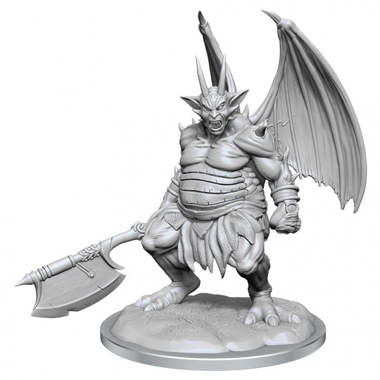 Paint Night Kit: Dungeons & Dragons: Nolzur's Marvelous Minis: Nycaloth - Gray unpainted fantasy demon miniature with wings, horns, muscular build, and large double-headed axe on circular base.