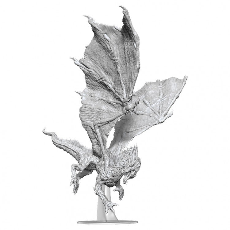 D&D: Nolzur's Marvelous Minis: Adult Green Dragon - Gray unpainted miniature of an adult dragon with detailed wings and fierce pose on a round base.