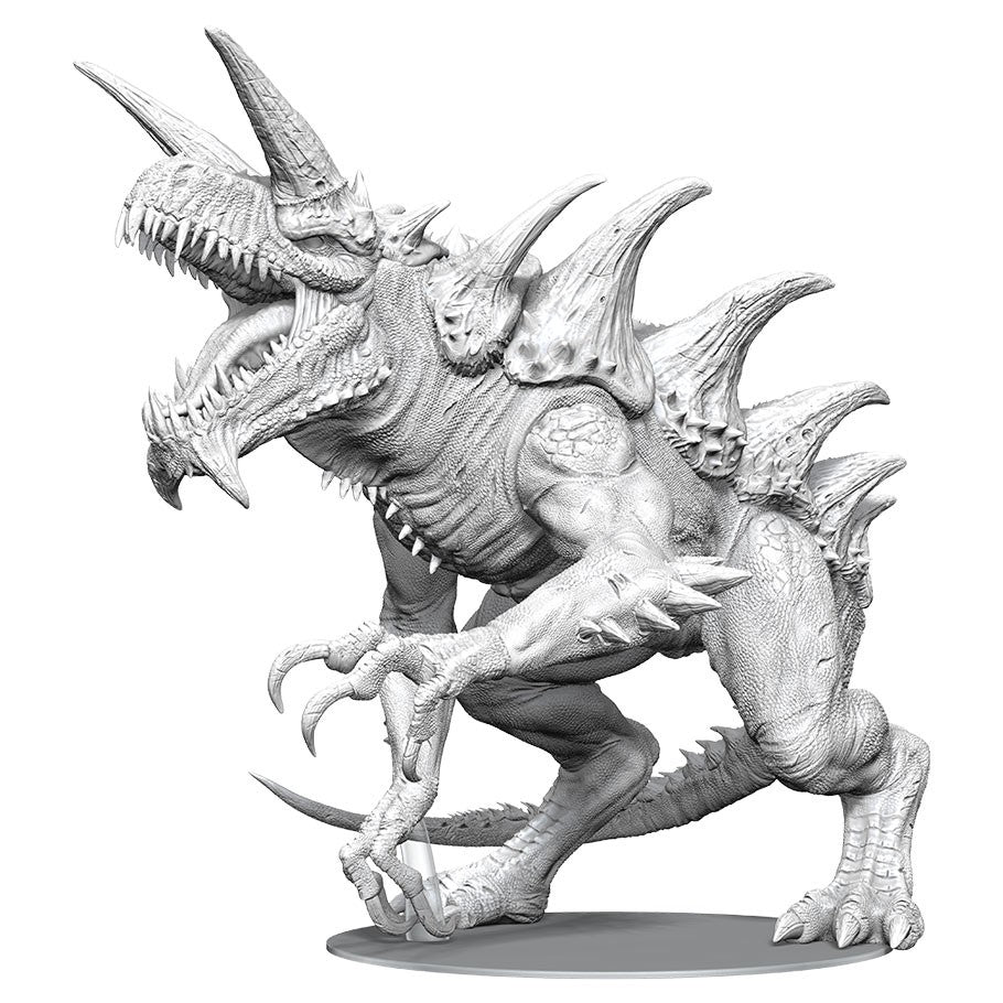 D&D: Nolzur's Marvelous Minis: Gargantuan Tarrasque - Unpainted Gargantuan Tarrasque miniature with textured scales and large horns.
