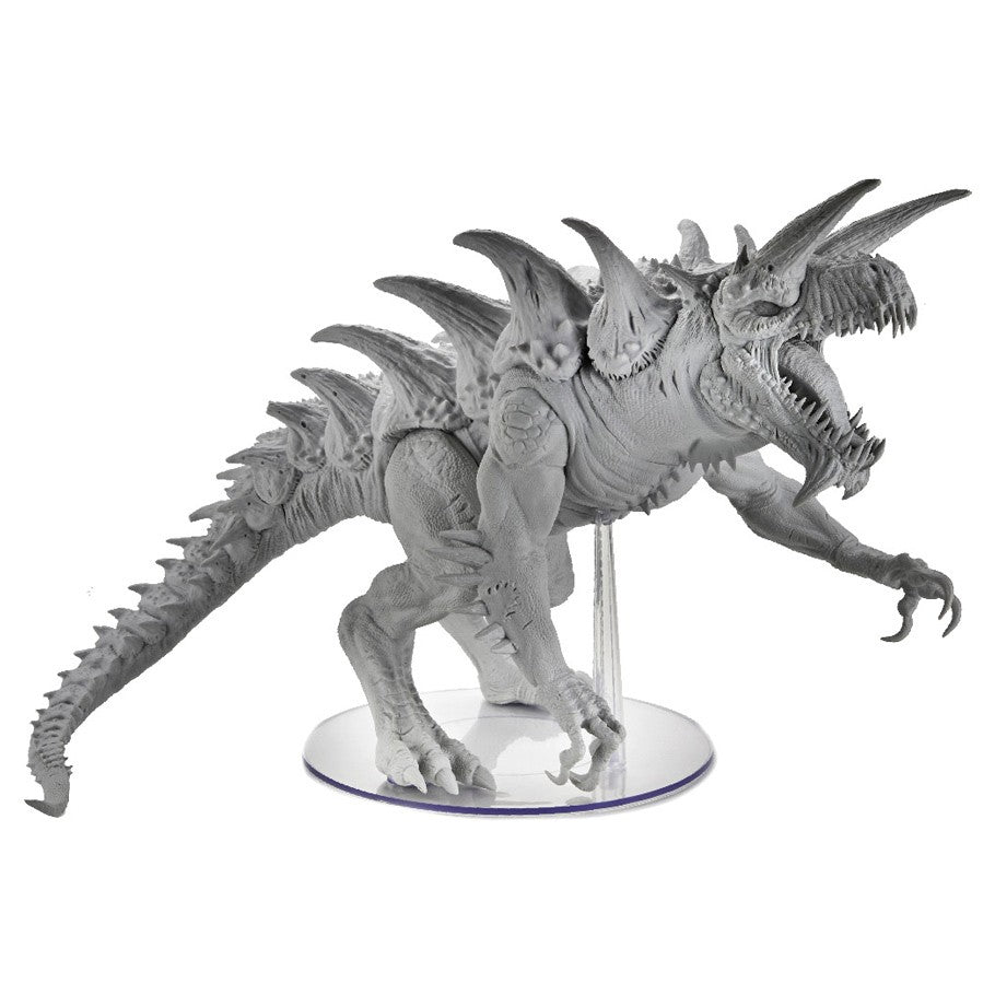 D&D: Nolzur's Marvelous Minis: Gargantuan Tarrasque - Gray unpainted plastic miniature of a colossal dinosaur-like monster with spikes on its back and open jaws on a clear base.