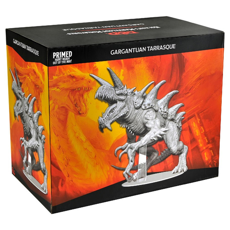 D&D: Nolzur's Marvelous Minis: Gargantuan Tarrasque - Primed gray Gargantuan Tarrasque miniature with spikes and claws on fiery orange and red background box.