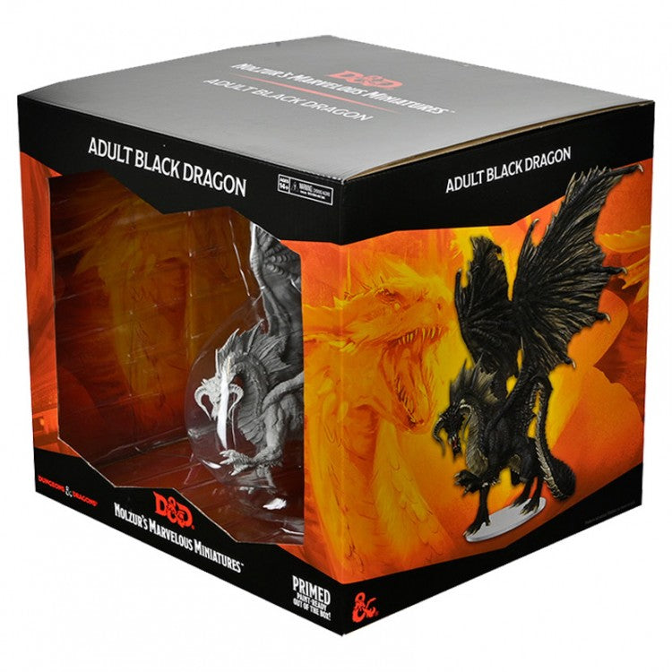 D&D: Nolzur's Marvelous Minis: Adult Black Dragon - Black adult dragon miniature with wings on display in branded Dungeons & Dragons box with orange and black design.