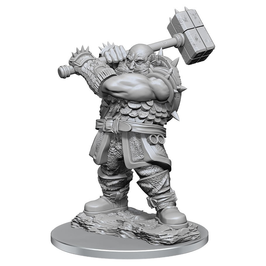 D&D: Nolzur's Marvelous Minis: Enlarged Duergar - Gray unpainted miniature of muscular duergar warrior wielding a large spiked war hammer on rocky base.