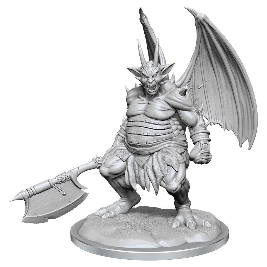 D&D: Nolzur's Marvelous Minis: Nycaloth W19 - Unpainted gray Nycaloth miniature with large wings and wielding a double-edged axe on round base.