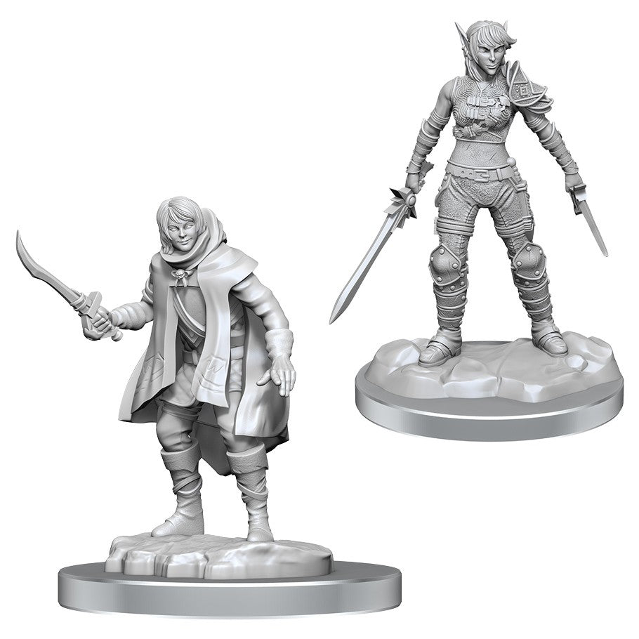 D&D: Nolzur's Marvelous Minis: Elf Rogue & Half-Elf Protege - Unpainted miniatures of an elf rogue with curved dagger and hooded cloak, and a half-elf protege holding two swords on rocky .