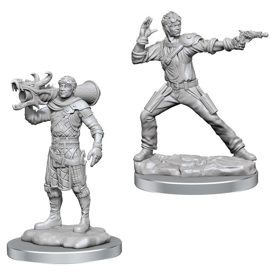 D&D: Nolzur's Marvelous Minis: Human Artificer & Apprntce - Unpainted gray miniatures of a human artificer holding a mechanical dragon head and an apprentice aiming a pistol in dynamic .