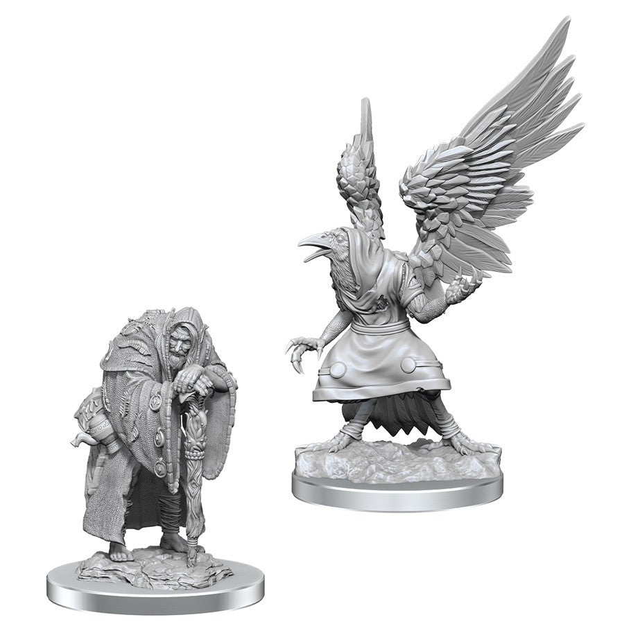 Dungeons & Dragons: Nolzur's Marvelous Minis: Wereravens - Unpainted Dungeons & Dragons Wereravens miniatures featuring humanoid figures with raven wings and detailed cloaks on round.