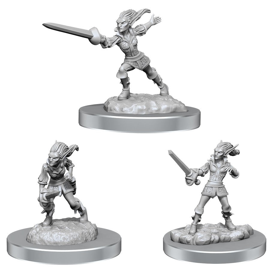 D&D: Nolzur's Marvelous Minis: Quicklings W19 - Three unpainted gray resin miniatures of quicklings, each posed dynamically with swords, standing on rocky bases.