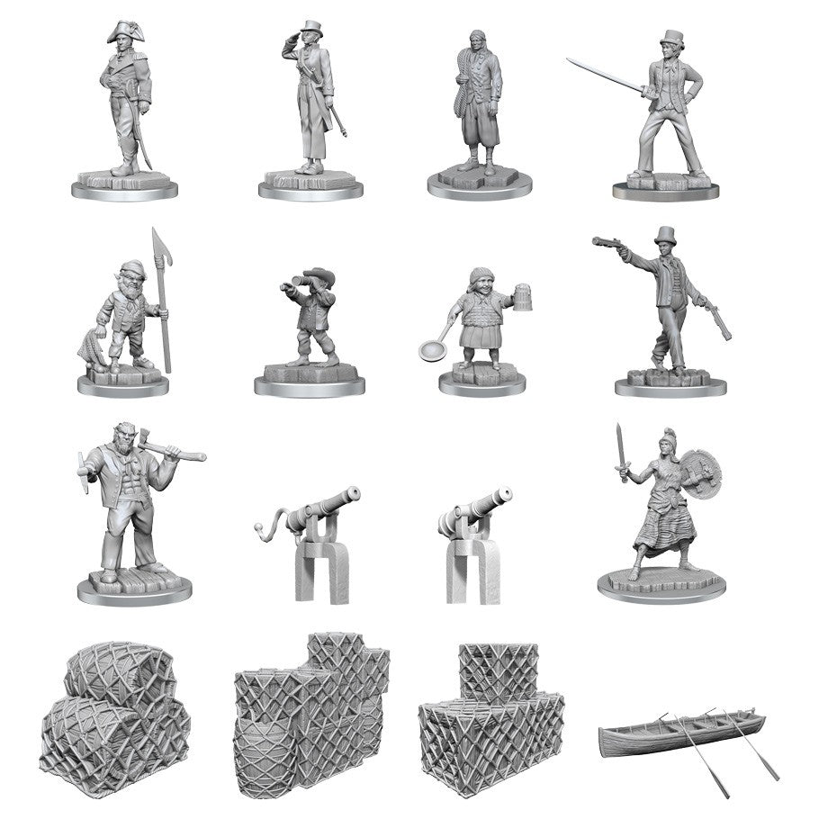 Deep Cuts: Ship's Crew Boxed Set - Grey fantasy-themed miniature figurines of ship crew members with accessories and cargo crates, plus a small boat model.