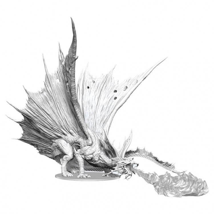 D&D: Nolzur's Marvelous Minis: Adult Gold Dragon - Unpainted plastic miniature of a large dragon breathing fire with detailed scales and outstretched wings.