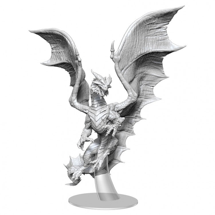 Dungeons & Dragons: Nolzur's Marvelous Minis: Adult Copper Dragon - Unpainted gray plastic miniature of a fierce adult dragon with wings spread wide and detailed scales.