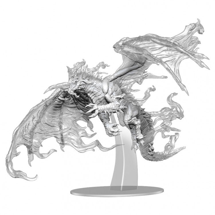 D&D: Nolzur's Marvelous Minis: Adult Blue Shadow Dragon - Unpainted adult blue shadow dragon miniature with detailed wings and smoky shadow effects on display stand.