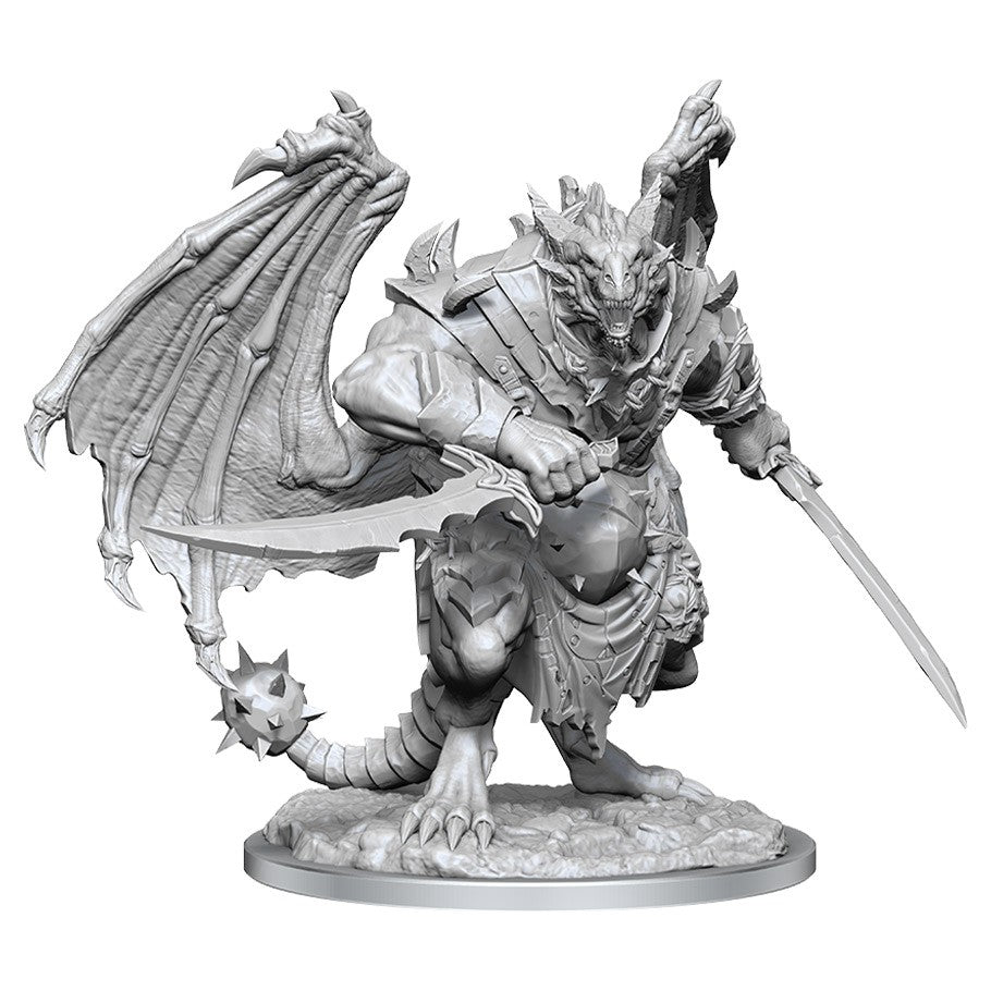 Dungeon's & Dragons: Nolzur's Marvelous Minis: Draconian Dreadnought - Unpainted Draconian warrior miniature with wings, spiked tail, armor, and sword on round base.